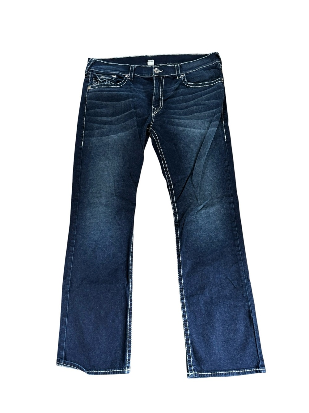 True Religion Mens Straight Flap Natural Big T Jean Sz 42X33 Dark Wash Stretch